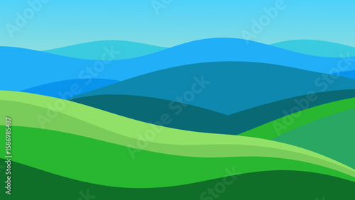 Flat Design Landscape Background Featuring Lush Green Hills