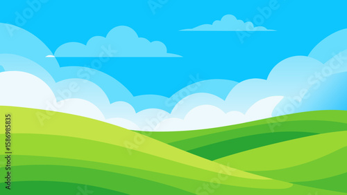 Bright Sunny Background Featuring Undulating Green Hills and Sky