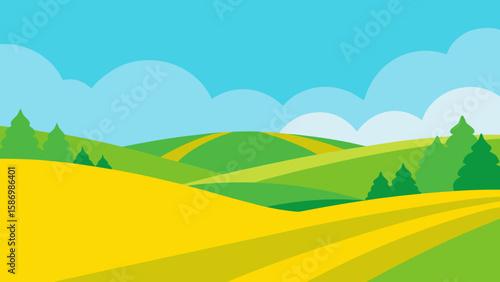 Inviting Vector Scene of Gentle Spring Green Hills and Serenity