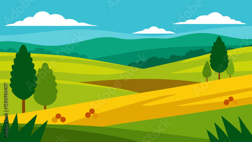 Tranquil Rural Landscape Background with Broad Green Fields and Vista