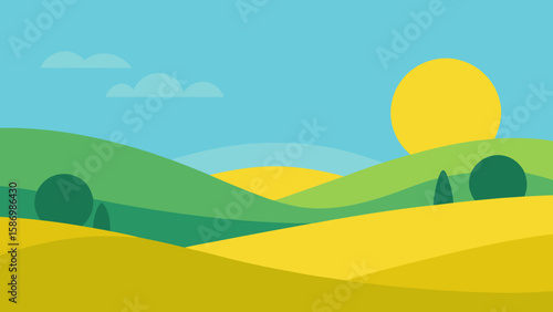 Idyllic Flat Design Landscape Background with Green Hills and Serenity