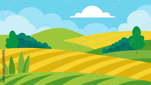 Picturesque Rural Scene in Vector Style with Green Fields and Vista