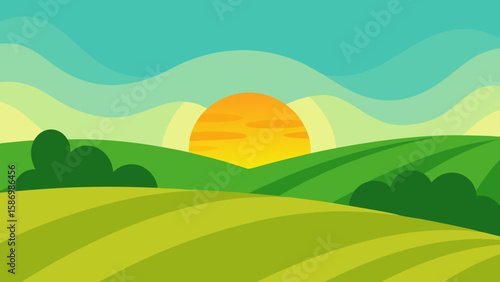 Clean Graphic Countryside Background Featuring Green Fields and Serenity