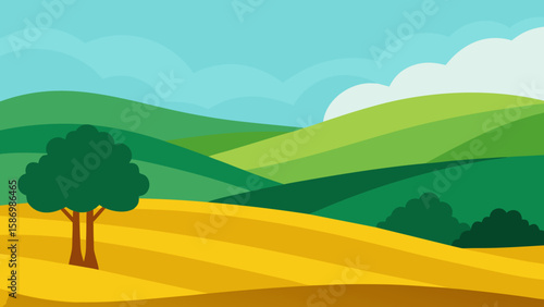 Serene Vector Illustration of a Vast Countryside with Green Fields