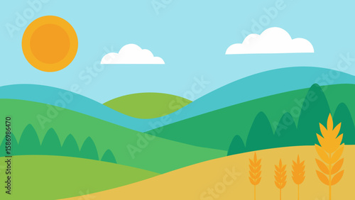 Vibrant Sun Drenched Cartoon Background of Rolling Green Hills