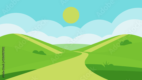 Verdant Expanse of Summer Grass Leading to Distant Hills