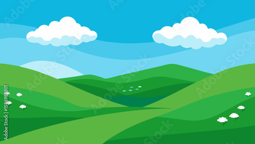 Background Scene Broad Valley of Undulating Green Hills V2