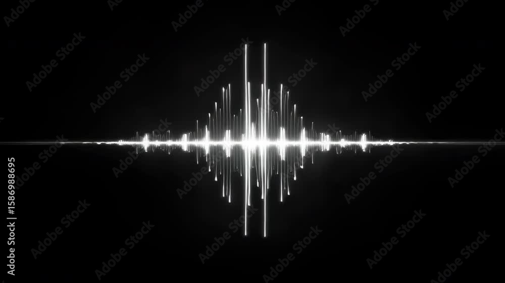 ultra-realistic animation, white waveform equalizer pulsating on a black background, representing voice record, AI, audio visualization