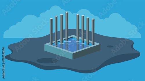 steel bars partially submerged in a pool of smooth cement creating a sy foundation for a new building.. Vector illustration