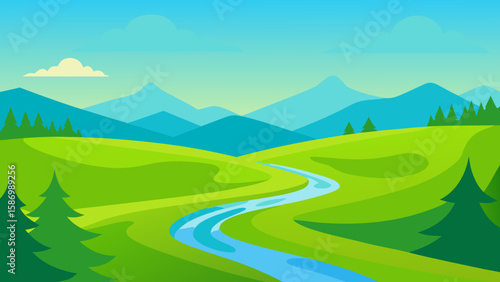 Picturesque Countryside Background Scene with Rolling Green Hills