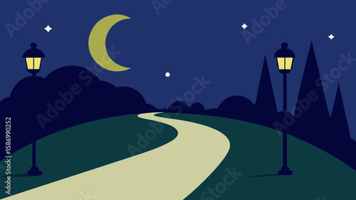 Background Scene of a Park in a Nocturnal Setting with Moon