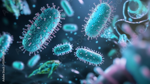 A photo-realistic comparison of bacteria and viruses under a microscope, featuring labeled parts for educational biology purposes.