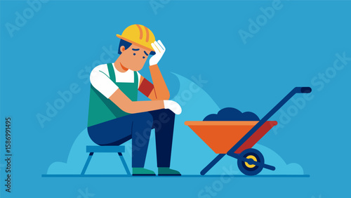 A worker sitting on a wheelbarrow wiping sweat off his forehead and taking a moment to relax before continuing with his work.. Vector illustration