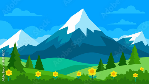 A Verdant Background Landscape Featuring a Serene Mountain Valley
