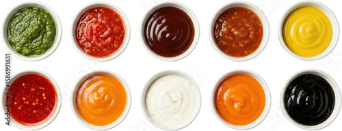 Collection of ten dipping sauces in white bowls including pesto tomato barbecue and mustard transparent background