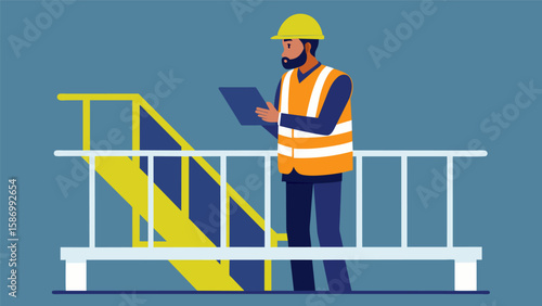 Onsite safety supervisor conducting routine inspections of the temporary safety railings ensuring they are up to safety standards.. Vector illustration