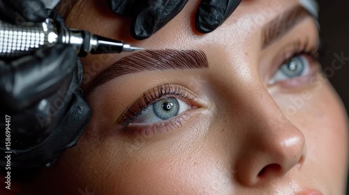 Cosmetologist performing precise permanent eyebrow makeup procedure at modern beauty clinic