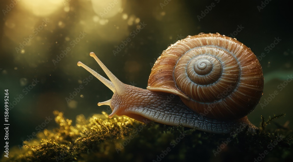 Snail crawling slowly on mossy surface in natural outdoor setting Snail crawling slowly on mossy surface in natural outdoor setting