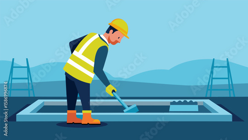 In a hard hat and reflective vest a site manager inspects the concrete being poured for a new foundation checking for smoothness and proper. Vector illustration