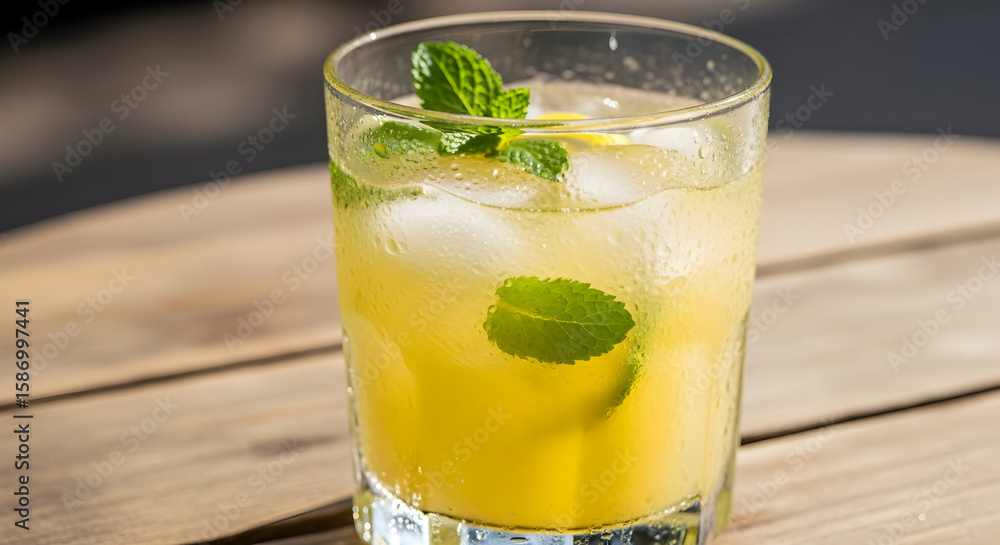 Fototapeta premium Refreshing Drink Sits on Table with Ice Cubes and Mint Leaves in Summer Day