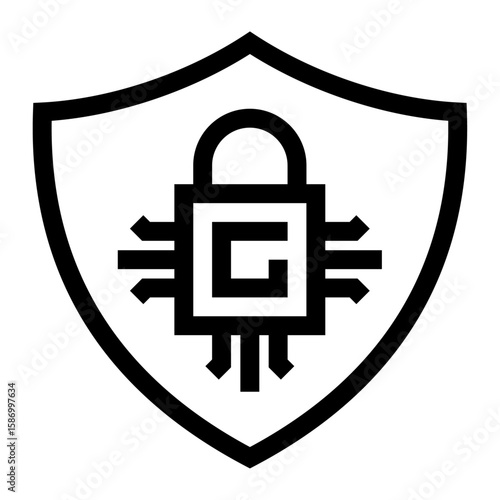 Icono de seguridad digital. Protección de datos, ciberseguridad y tecnología segura. Un candado dentro de un escudo con un chip de fondo. Ilustración vectorial