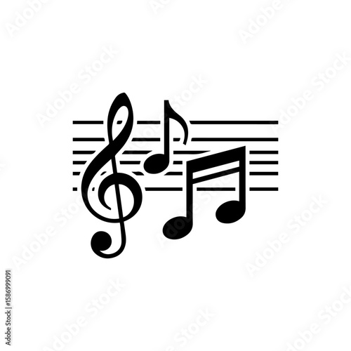 Black  white image features a treble clef musical notes and staff lines in an ensemble