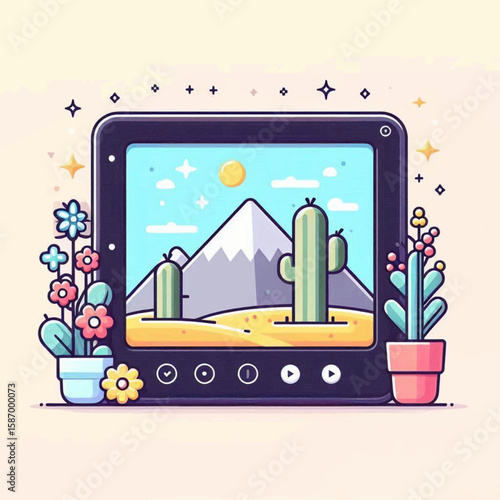 Cactus desert scene displayed on tablet with potted plants on either side