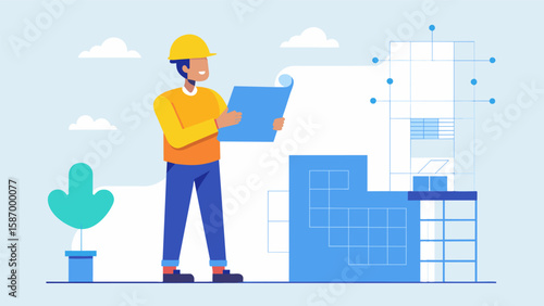 The worker gazes confidently at the blueprints visualizing the finished structure and putting into action the plans laid out in front of them.. Vector illustration