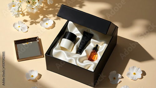 Luxury skincare gift set with cream tube and serum dropper presented in an open black box with silk lining and white flowers