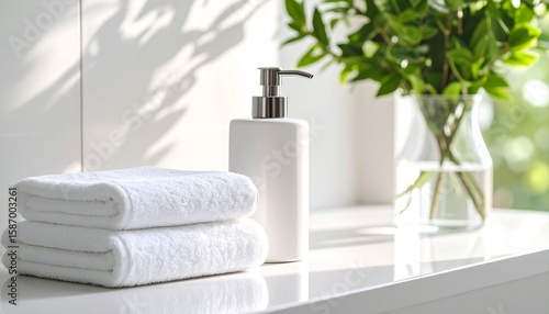 White towels and soap dispenser on bathroom counter with natural light