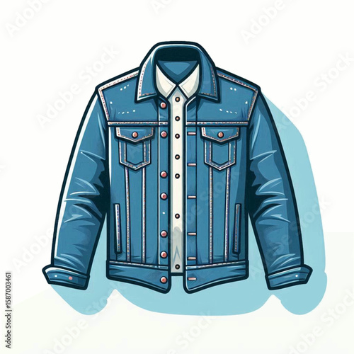 Cartoon denim jacket over a collared shirt with pockets buttons seam details  a blue drop shadow
