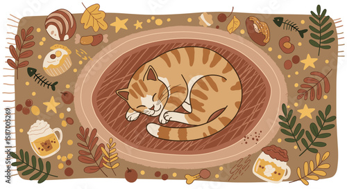Cozy Sleeping Cat with Autumn Pet Elements