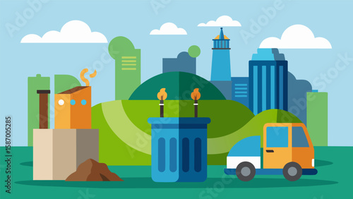 Proper disposal of construction waste and materials including use of designated landfills or recycling facilities to prevent pollution and. Vector illustration