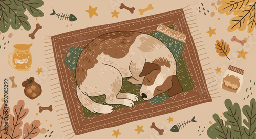 Cozy Sleeping Dog with Autumn Pet Elements