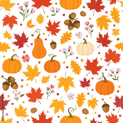 Autumn Harvest Pattern with Pumpkins and Leaves