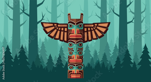 Native American Totem Pole in Forest