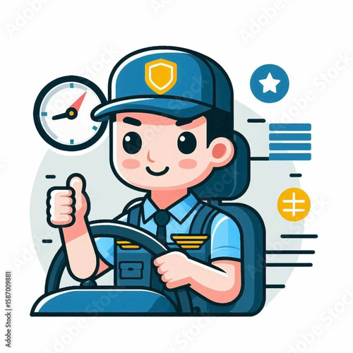 Cartoon driver in blue uniform giving thumbs up while driving
