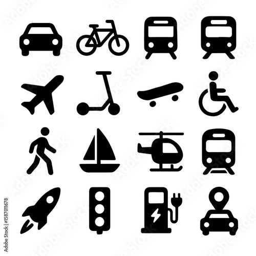 Modern Mobility Icon Set – Solid Black Transport Symbols Including Rocket, Scooter, and EV Charging