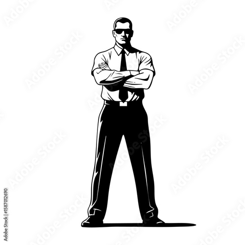 Minimalist black and white illustration of a bodyguard standing with arms crossed