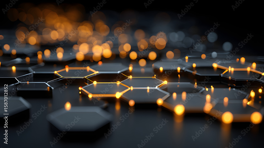 Fototapeta premium Abstract Hexagon Network Golden Glowing Nodes Dark Background Technology Connection