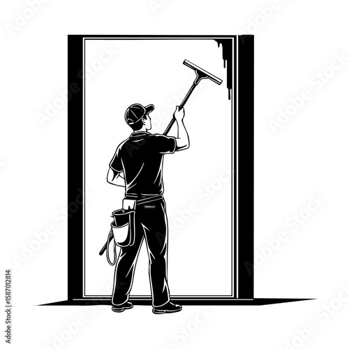 Minimalist black and white illustration of a man cleaning a window