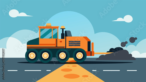 The asphalt paving machine kicks up clouds of dust as it works leaving a distinct smell of tar and diesel in its wake.. Vector illustration