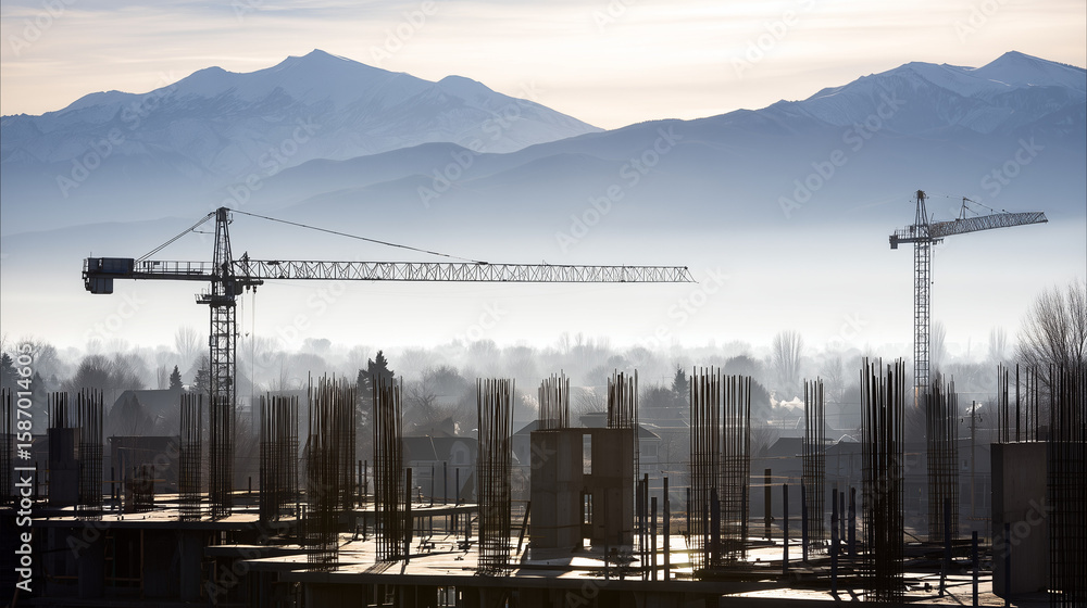 Obraz premium Aerial view of a construction site with concrete structures and distant crane in morning mist.