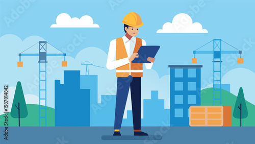 In the middle of a bustling construction site an engineer stands with a tablet in hand using BIM software to visualize and confirm the placement of. Vector illustration