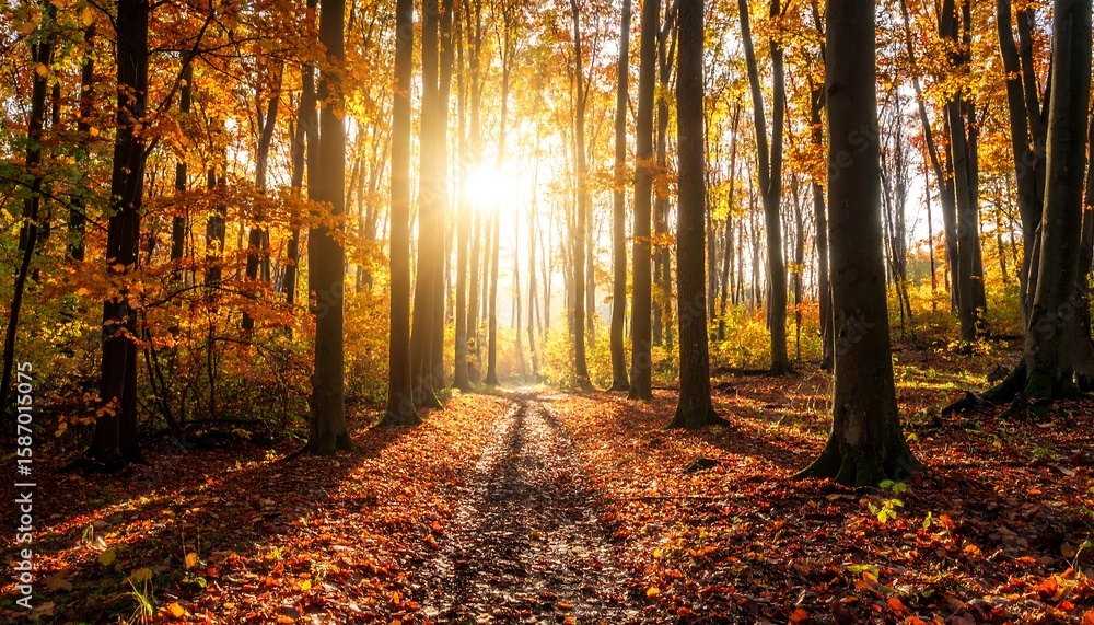 Obraz premium Sunlight streams through autumn trees