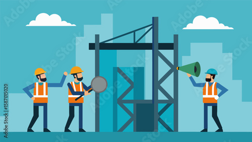 The clang of metal on metal as workers use tools to piece together the framework of the building.. Vector illustration