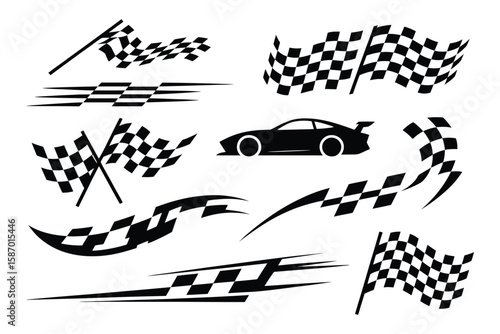 Motorsport design bundle with car outlines, racing stripes, and flag icons suited for racing promotions, car clubs, graphic tees, and automotive marketing campaigns