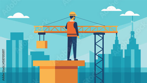 The supervisor stands at the top of a towering crane overlooking the progress of a major bridge construction project.. Vector illustration