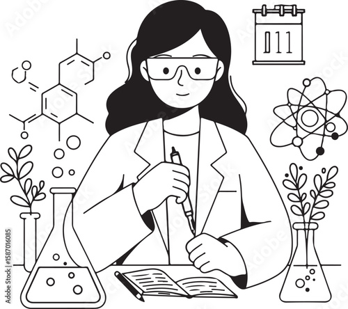 line art illustration of a scientist researching writing notes surrounded by lab element
