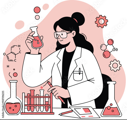 Vector line art illustration of a female scientist conducting chemical research with lab equipment.
